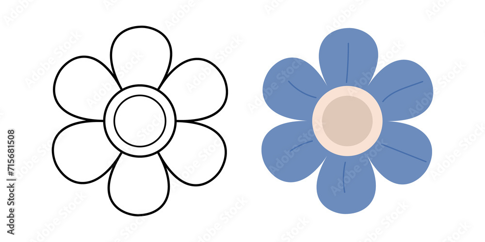 Abstract flower top view - linear and flat styles. Illustration on transparent background