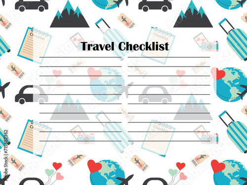 Packing list or travel planner. Preparing for a vacation or trip. Suitcase, passport bag, fins, things necessary for travel.