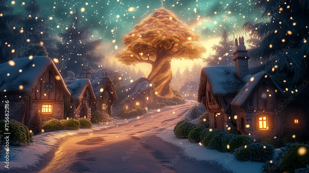 Winterwunderland mit beleuchtetem Baum.