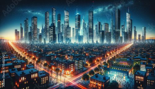 Futuristic Cityscape with Glowing Skyscrapers and Busy Streets at Dusk.