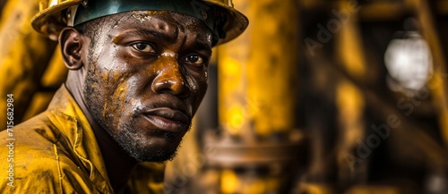 A rugged man, donning a yellow hard hat, stands proudly on the busy city street, resembling a living statue in his protective helmet and sturdy work clothes photo