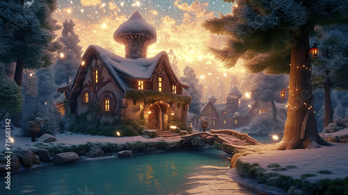 Fantastisches Dorf im Winter mit einem Fluss.