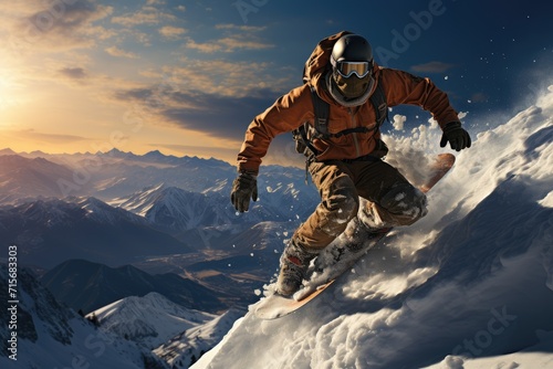 Thrill-seeker conquers the snowy mountains with a snowboard, defying gravity and embracing the adventure of extreme winter sports photo