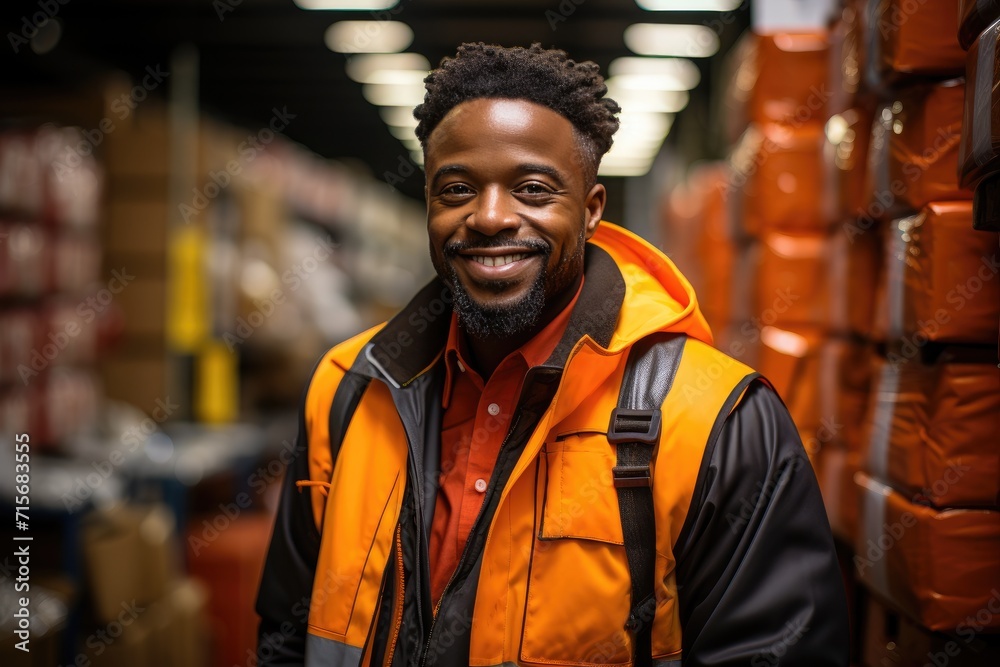 A smiling man stands proudly in a dimly lit warehouse, wearing a bright orange life jacket over his yellow jacket, his human face radiating with confidence and determination amidst the chaos of the i