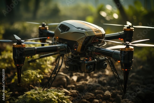 A radio-controlled drone glides gracefully over the rugged rocks and lush grass, its wheels spinning as it hovers above the ground like a miniature aircraft, while a parked bike stands idly by in the