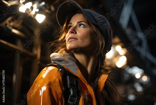 A stylish woman with long hair gazes thoughtfully to the side, wearing a fashionable jacket and accessorizing with confidence in the outdoor setting photo