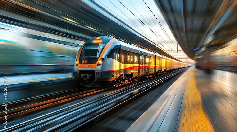 Naklejka premium Modern train at high speed. Copy space for text.