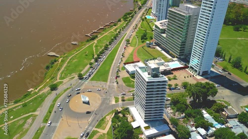 Rosario Argentina aerial views with drone of the city Santa Fe Building on the Paraná River