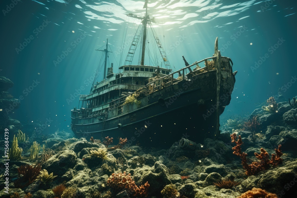 An underwater adventure awaits as a sunlit ship navigates through the vibrant marine life of the reef, providing transport for eager divers to explore the depths An underwater adventure awaits as a sunlit ship navigates through the vibrant marine life of the reef, providing transport for eager divers to explore the depths