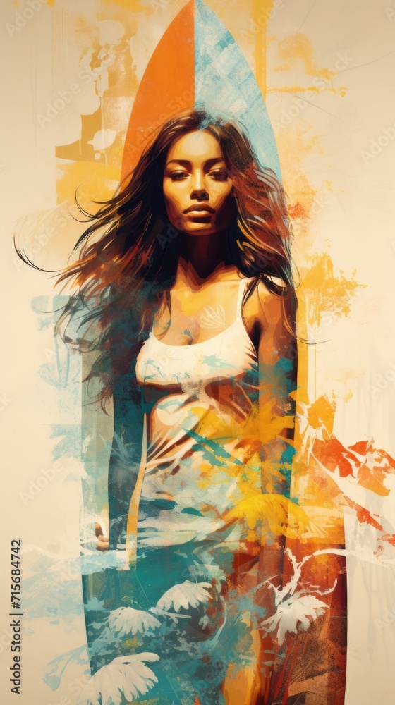 Brown skin surfer woman double exposure. Generative ai Brown skin surfer woman double exposure. Generative ai