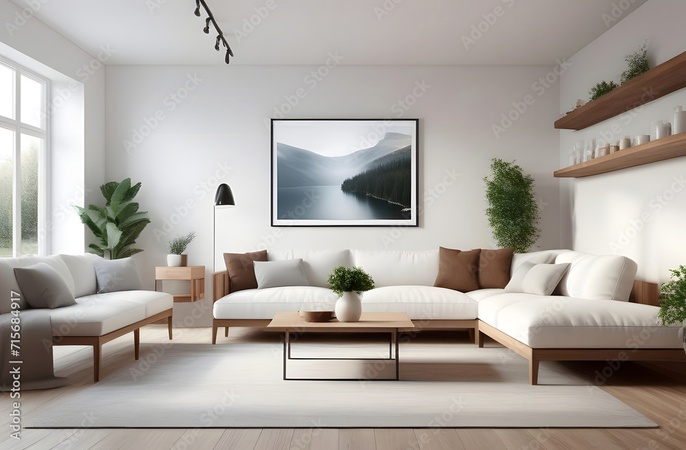 Fototapeta premium A new bright sofa in a spacious room with potted plants and a poster on the wall. Scandinavian interior. Interior design of a modern living room in a luxurious house, panorama