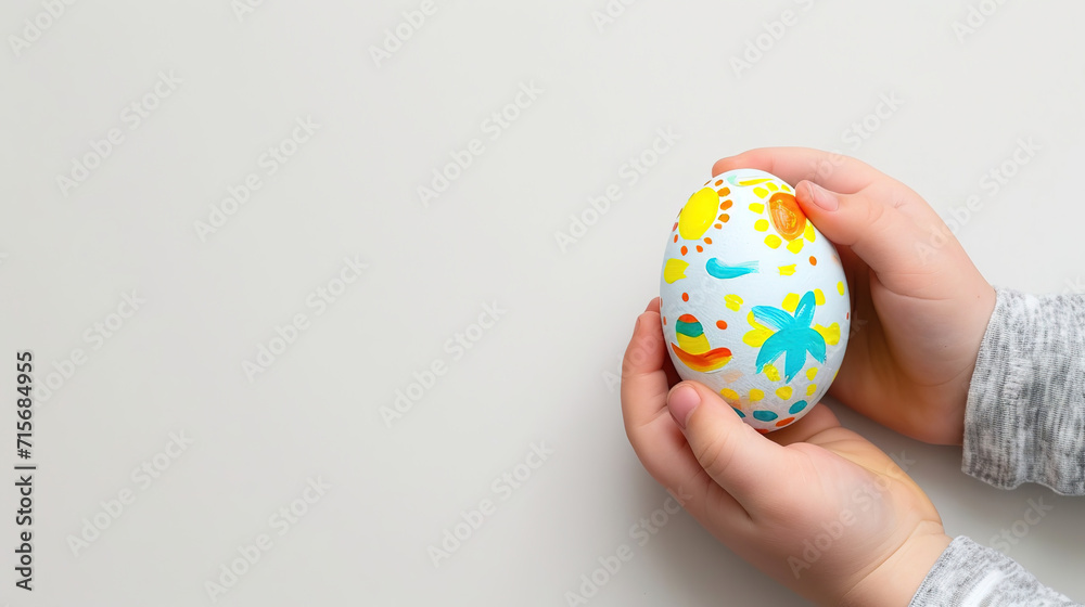 Both Kid hands holding one painting Easter eggs. Hand with egg isolated on white background. Easter holiday concept. Close up, selective focus
