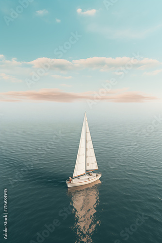 Desaturated Cinematic Sea: Top View with Sailing Boat
