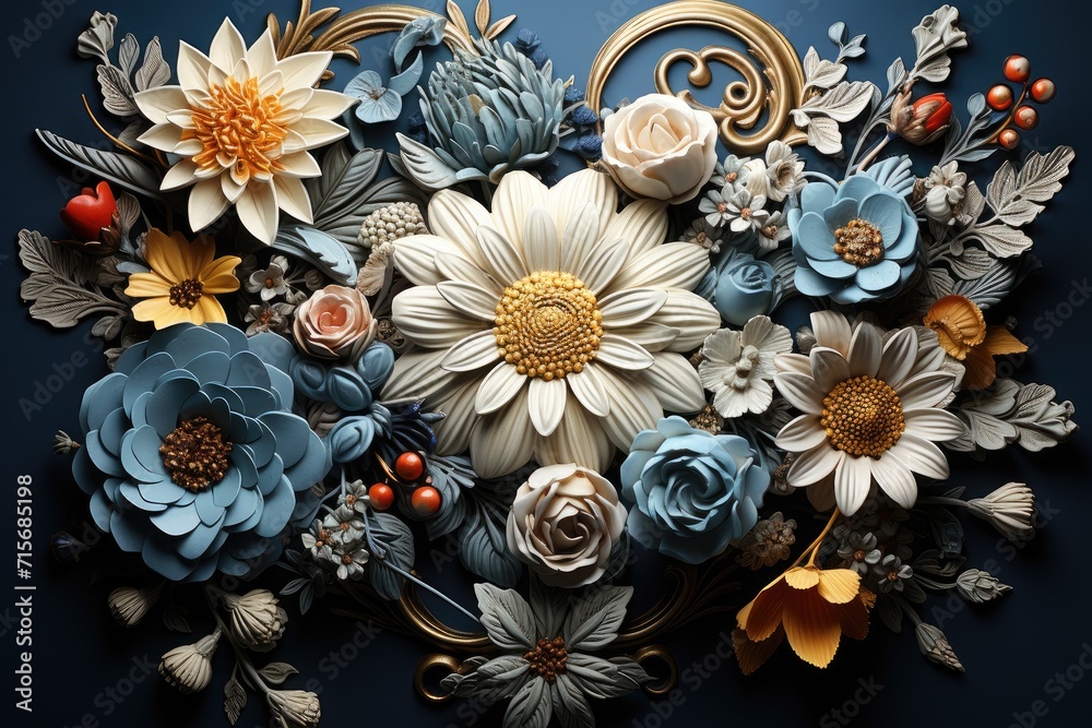 A vibrant arrangement of handpicked flowers delicately adorns a serene blue canvas, exuding the essence of nature and artistic flair in this captivating still life