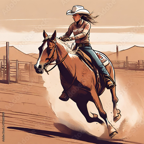 cowgirl riding horse at sunset photo