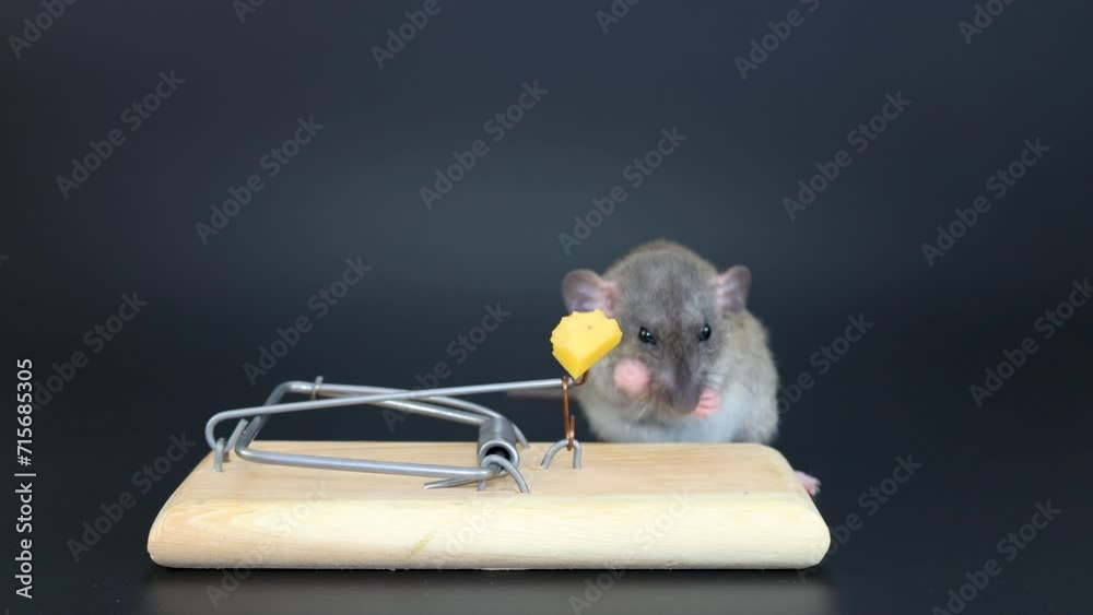 A brown agouti rat sits on a mousetrap. A rodent eats cheese. Isolated on a black background