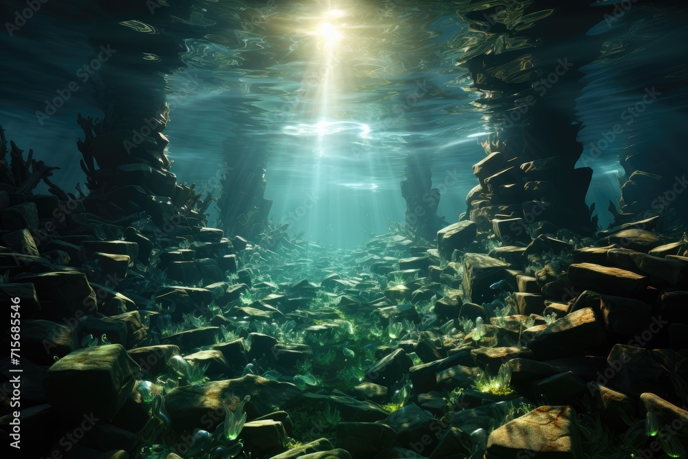 Nature's hidden oasis lies beneath the ocean's surface, a vibrant reef surrounded by tranquil waters and teeming with life in an underwater aquarium