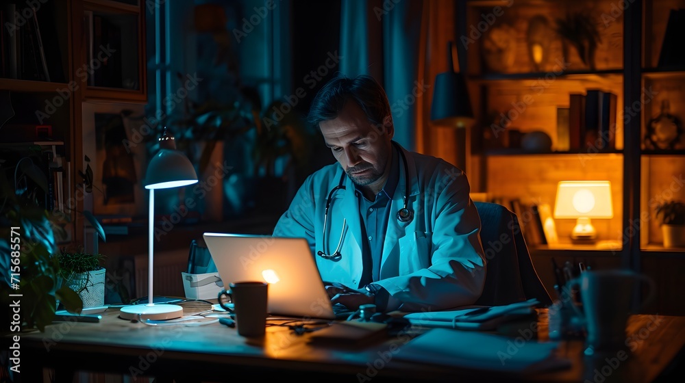 person working on laptop, a doctor using a laptop computer at a desk in a dark room with a cup of coffee