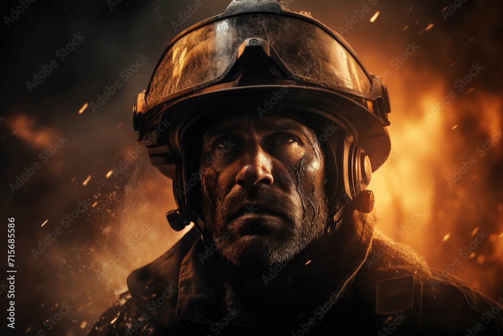 A brave firefighter emerges from the smoky darkness, his helmet and goggles shielding his human face as he battles the raging fire outdoors at night