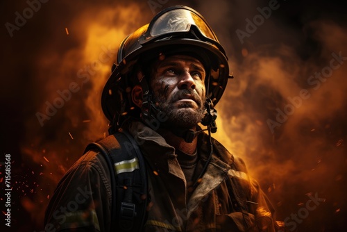 A brave firefighter braves the billowing smoke with determination, his helmet and backpack shielding him as he fearlessly confronts the blazing inferno