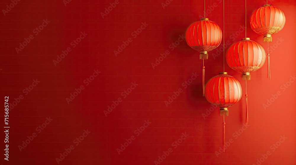  Chinese Lanterns in red background.  traditional oriental style illustration with large copy space. New Year's Atmosphere. Asian Traditional holiday concept.