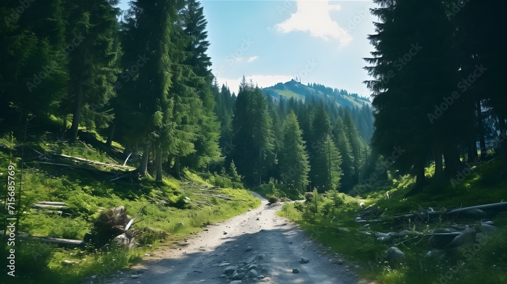 Driving through a green forest in the mountains. HIgh altitude conifer forest. Dirt road trail.
