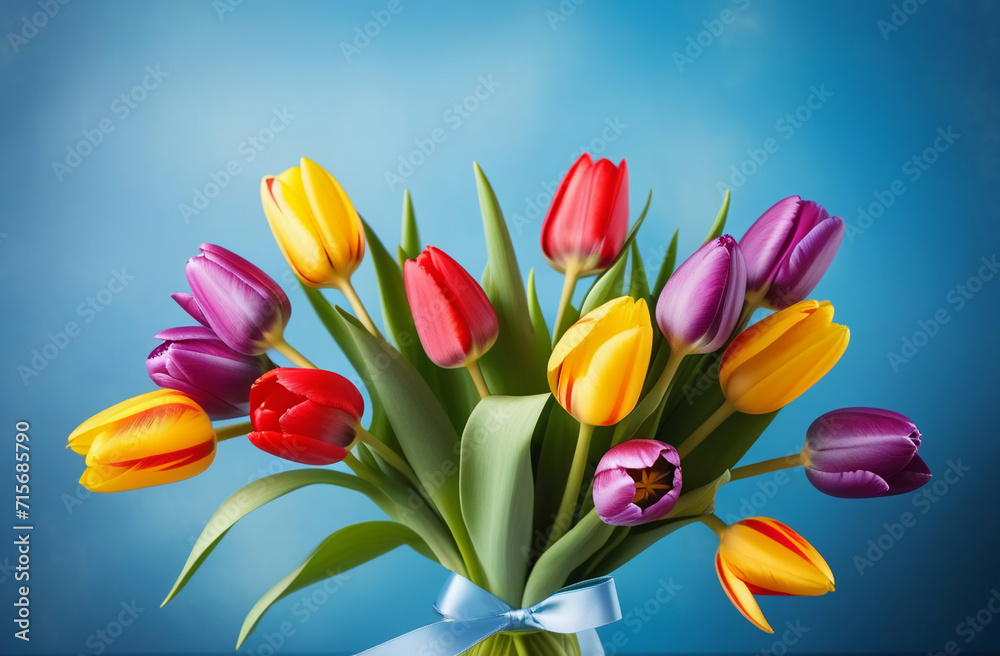 a spring bouquet of colorful tulips on a blue background with a place for text