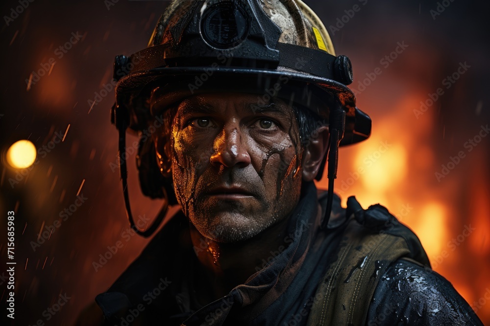 A brave firefighter stares fearlessly into the raging flames, his helmet a symbol of protection and determination
