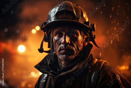 A brave firefighter stands guard in the darkness, donning his trusty helmet and preparing to battle the raging fire before him