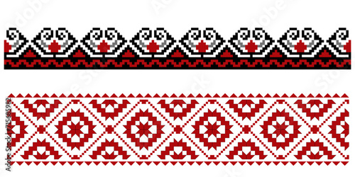 Set of editable colorful seamless ethnic Ukrainian traditional cross stitch patterns for embroidery stitch. Floral and geometric ornaments. Vector illustration