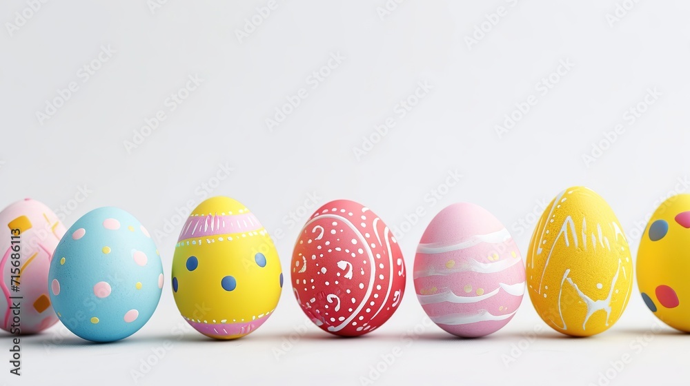 Easter eggs flat lay in white background decorated colorfull yellow pastel peach and pink colors Easter eggs flat lay in white background decorated colorfull yellow pastel peach and pink colors