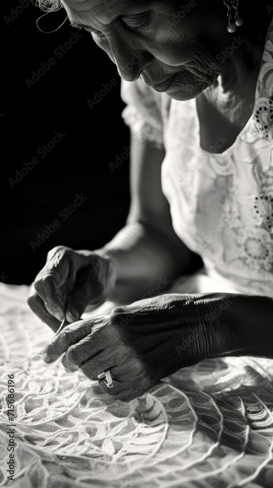 Beeralu lace Weawing woman by the hands, Traditional lace-making woman in Sri Lanka. Household bobbin lace industry. Generative ai