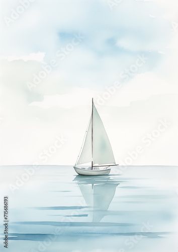Calm Minimalistic Watercolor Boat in Sea © Lucas
