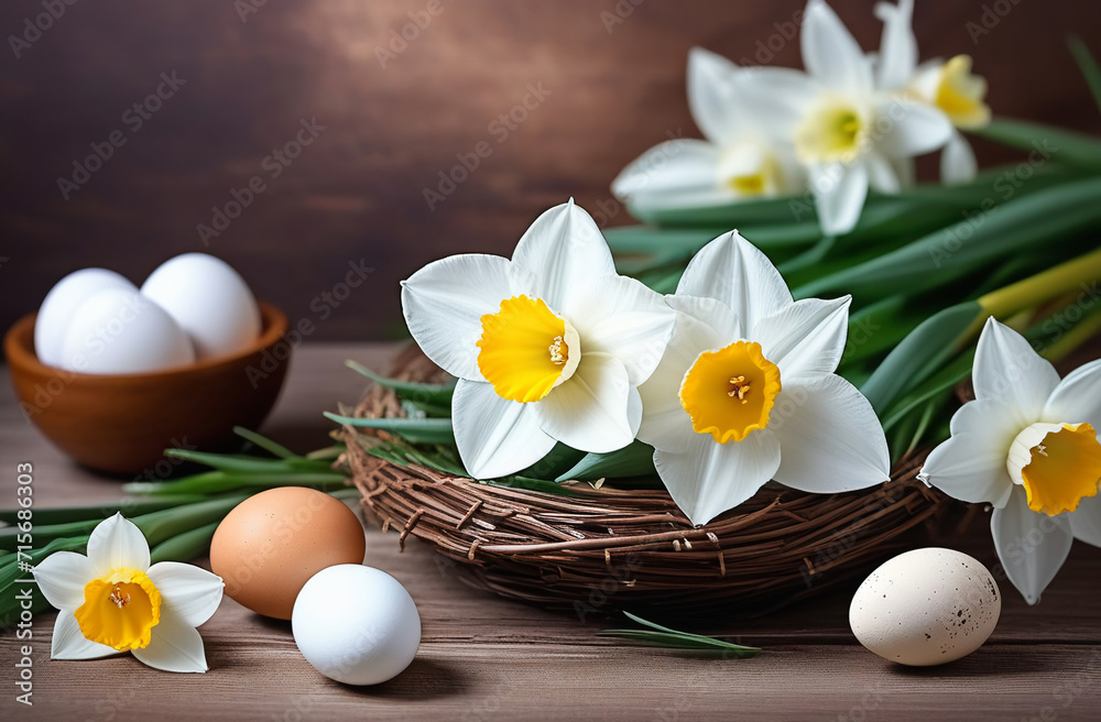 Easter card with natural eggs, a nest and spring flowers daffodils on a dark background, place for the text Easter card with natural eggs, a nest and spring flowers daffodils on a dark background, place for the text