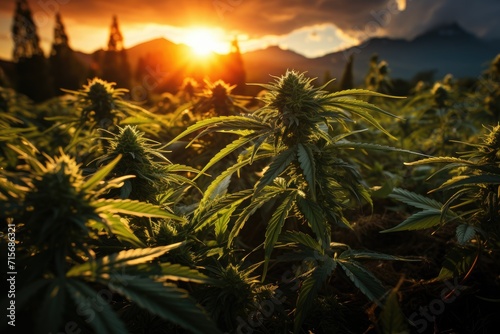 A breathtaking outdoor landscape of a vibrant marijuana field  with the sun setting behind the majestic mountains and a canopy of green trees against the colorful sky