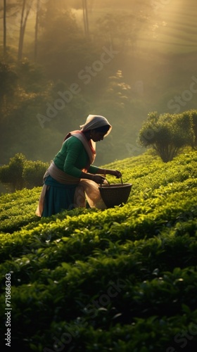 Tea plucking woman, Ceylon hill country woman harvesting tea leaves in the morning. Lush tea estate in the highlands. Generative ai