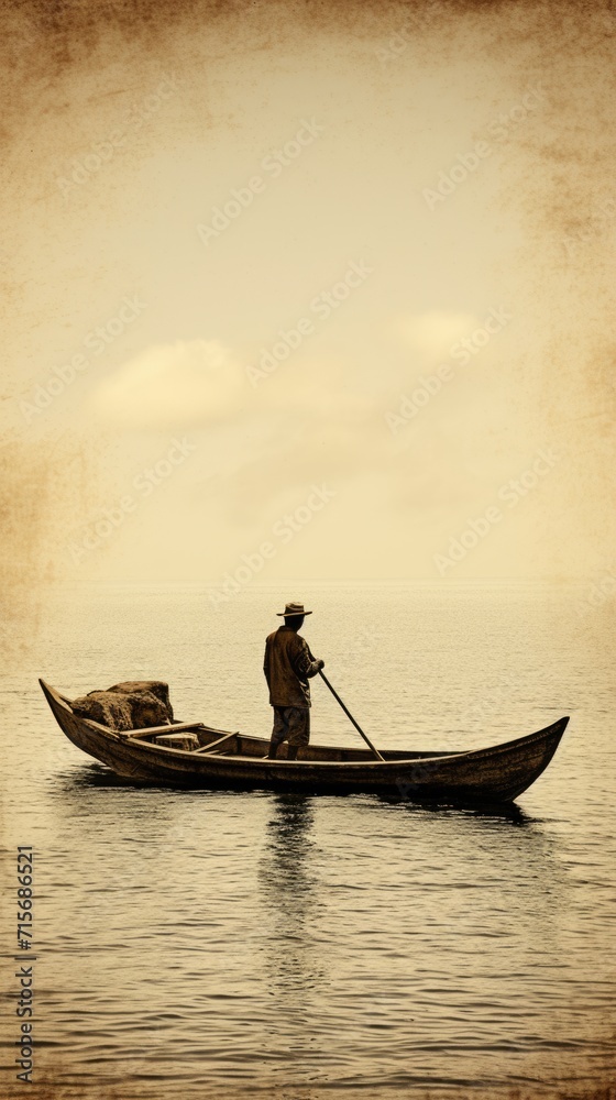 A fisherman standing and rowing a boat on the river. Old vintage retro-style photo. Generative ai