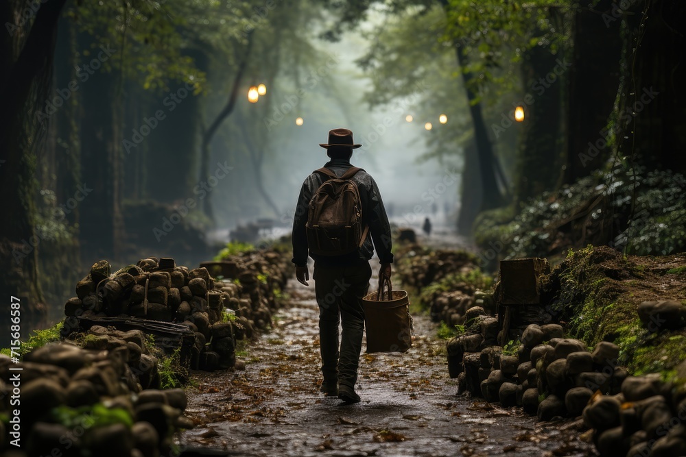 A solitary figure treks through the misty forest, surrounded by towering trees and rocky terrain, embracing the raw beauty of nature on a peaceful hike