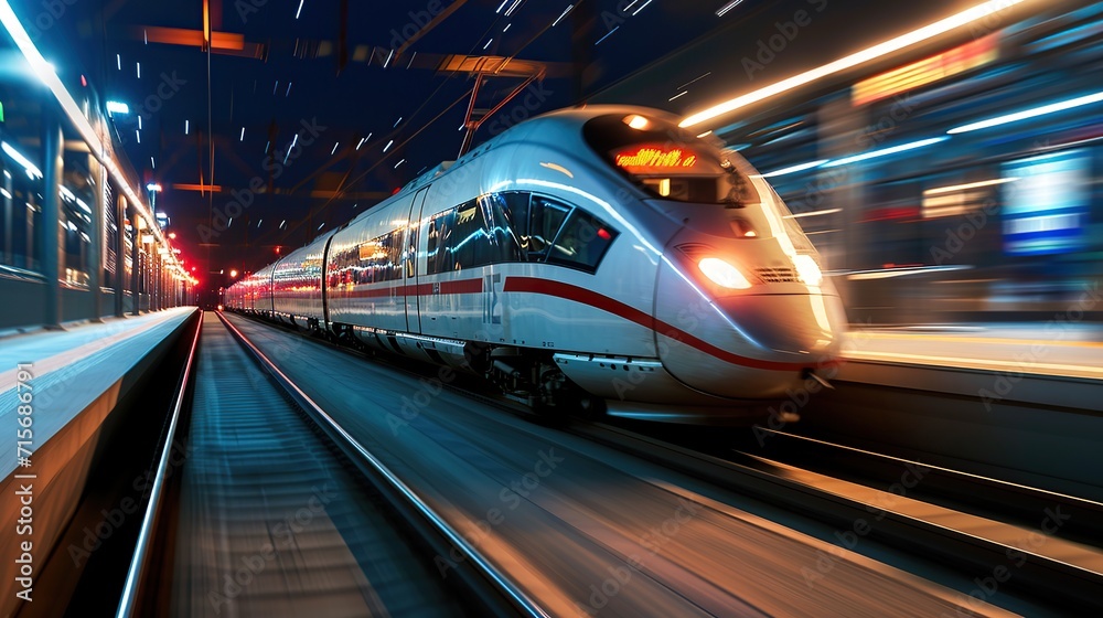 Fototapeta premium Modern train at high speed. Copy space for text.