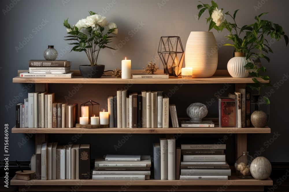A cozy indoor scene featuring a beautifully styled bookshelf adorned with candles, vases, and a houseplant, creating the perfect ambiance for a relaxing evening of reading A cozy indoor scene featuring a beautifully styled bookshelf adorned with candles, vases, and a houseplant, creating the perfect ambiance for a relaxing evening of reading