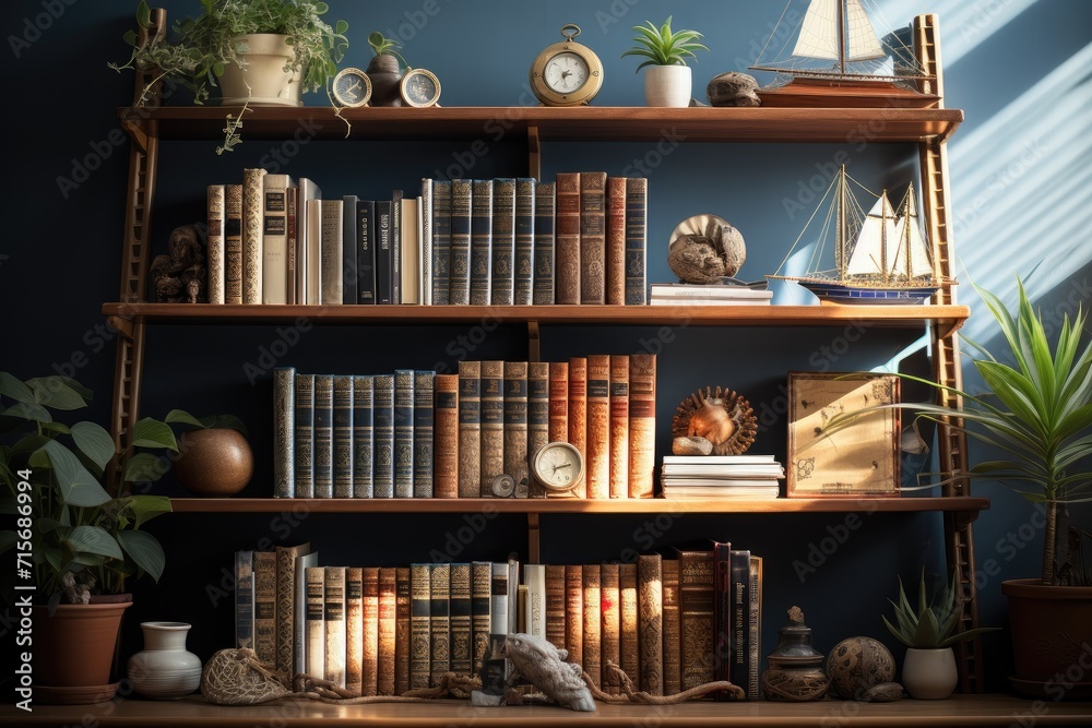 A curated collection of literature and decor adorns the wooden bookshelf, bringing warmth and life to the cozy indoor space
