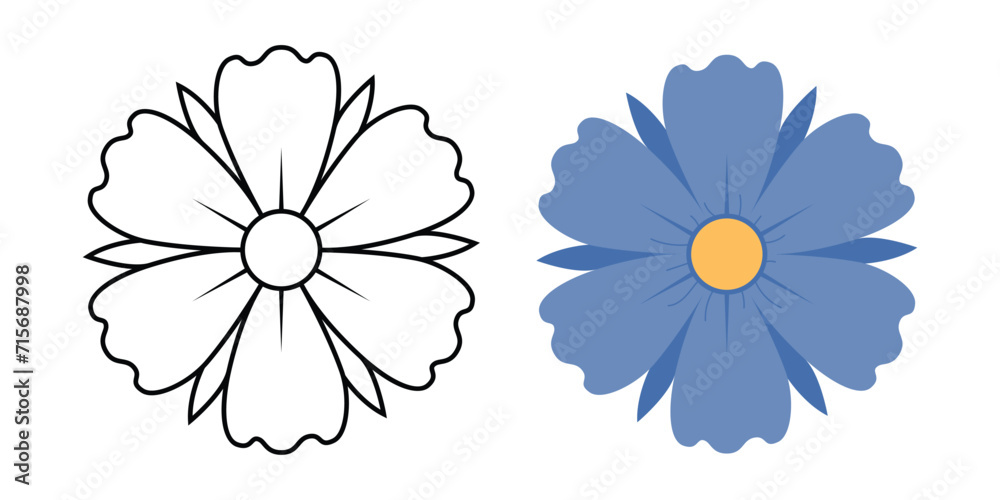 Abstract flower top view - linear and flat styles. Vector illustration isolated on white background