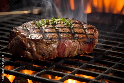 A close-up of a juicy Texas-sized steak sizzling on a grill, perfectly charred and ready to be savored.