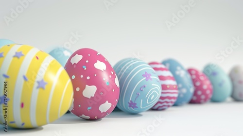 Easter eggs flat lay in white background decorated colorfull yellow pastel peach and pink colors