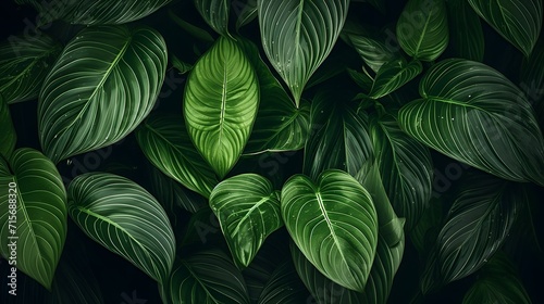 Green leaf texture on dark background. Close-up detail of indoor houseplant. Beauty house plant. Indoor plants. Green leaf for home decoration. Wallpaper for spa or mental health and mind therapy.