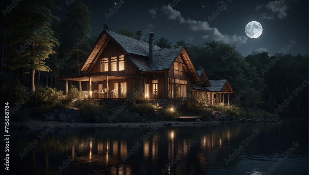 Fototapeta premium Beautiful wooden house night. Wooden log house on the shore of a picturesque lake, river. Loneliness in the forest or solitude from the hustle and bustle