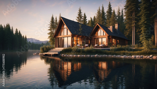 Beautiful wooden house near lake. Wooden log house on the shore of a picturesque lake, river. Loneliness in the forest or solitude from the hustle and bustle