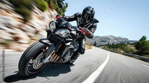 Motorcycle rider speeding on a road.