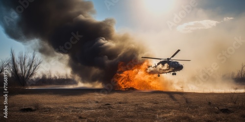 Helicopter extinguishes fire. Firefighter helicopter fighting against a forest fire during day. A helicopter flies in the sky. Generative AI. View of a flying helicopter.