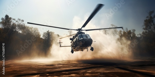Helicopter extinguishes fire. Firefighter helicopter fighting against a forest fire during day. A helicopter flies in the sky. Generative AI. View of a flying helicopter. photo